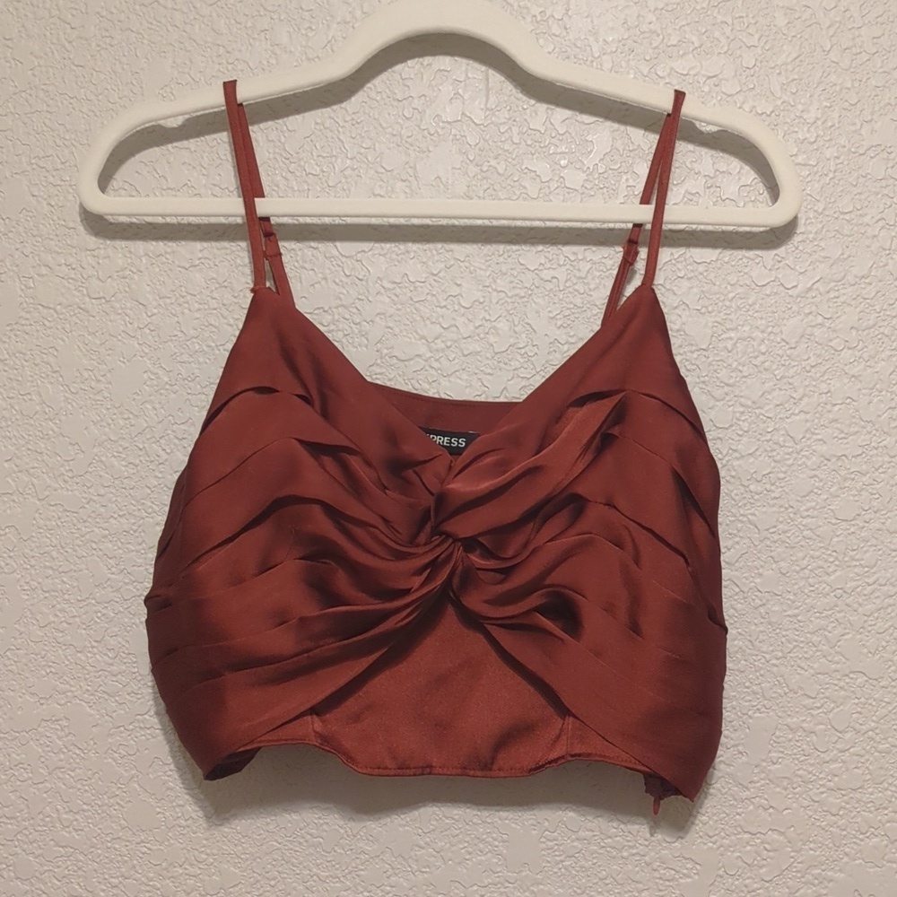Express rust satin ruffled twist detail cropped sleeveless camisole blouse - Picture 2 of 8